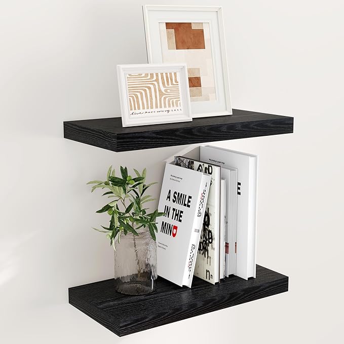 Floating Shelves 16 Inch Long, Wall-Mounted Bathroom Shelves Set of 2, 9.3 Inch Deep Shelf for Home Storage & Display, Wooden Deep Wall Shelves for Bedroom, Living Room, Kitchen, Black Color