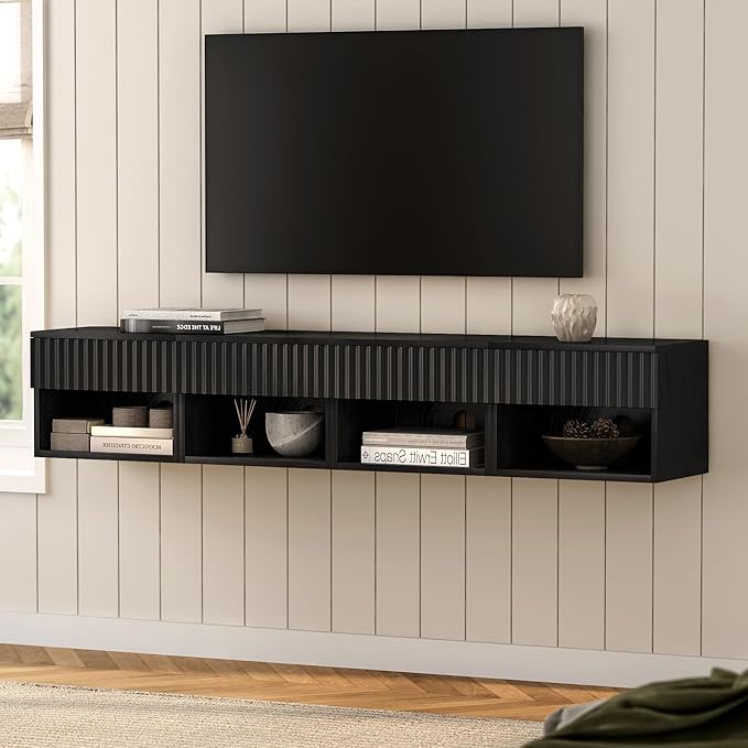 Floating TV Stands Set of 4 with Drawer and Open Shelf, Small Wall Mounted Bedside End Table, Modern Fluted Night Stand for Bedroom, Living Room, Black