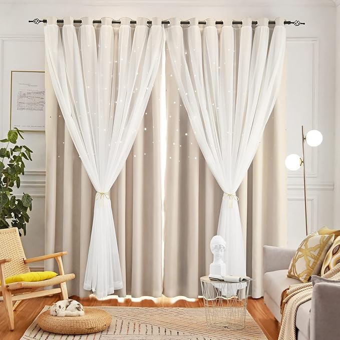 Star Double Layer Blackout Curtains for Bedroom, Kids - Cute, 84 Inches Long, 2 Panels Set, Beige, 42 X 84 Inches