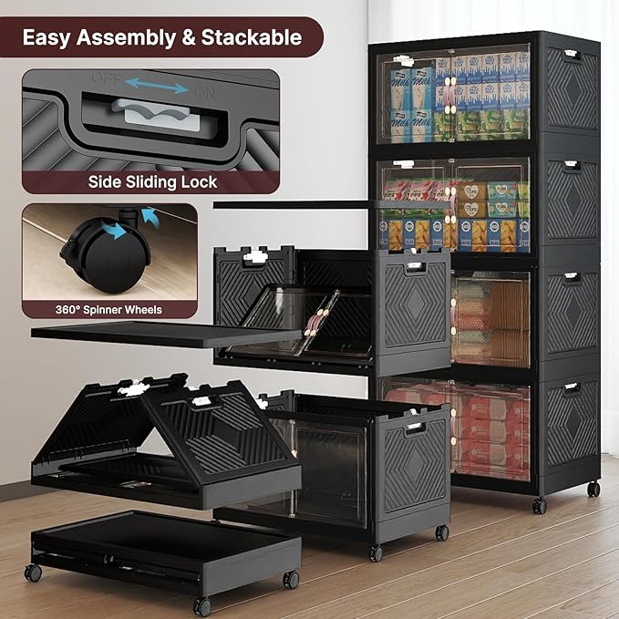 960Qt Stackable Storage Bins with Lids, 8 Pack Large Collapsible Bins with Wheels, Plastic Cabinet with Doors, Foldable Closet Organizers and Storage for Home, Dorm, Office, Black