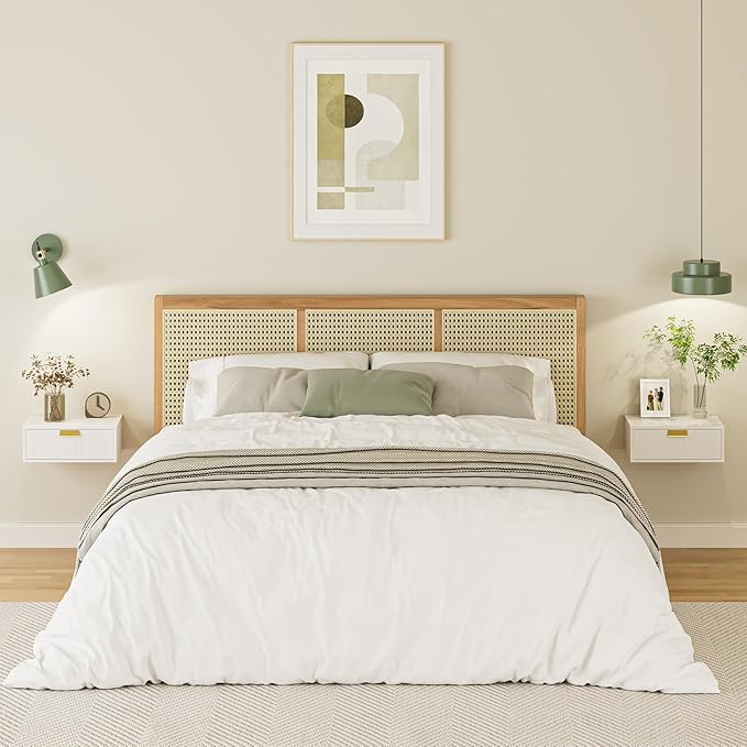 Floating Nightstand, Floating Shelf with Drawer, Wall Mounted Nightstand, Floating Bedside Table (White Stripe)