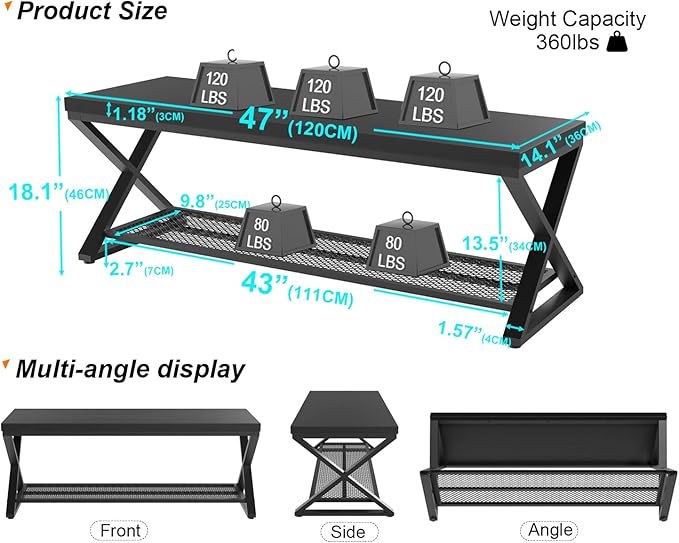 LVB Black Bench, Industrial Entryway Bench with Storage, Indoor Wood and Metal Storage Bench for Living Room Bedroom, Accent Shoe Rack Seating Bench for Hallway Foyer Entrance, Black Oak, 47 inch