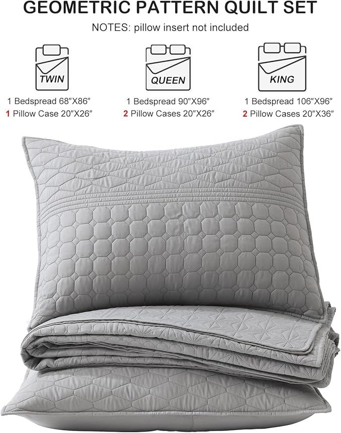 HORIMOTE HOME Grey Twin Size Quilt Set - Soft Microfiber Bedspread with 1 Sham, Lightweight & All-Season Geometric Coverlet for Cozy Bedding