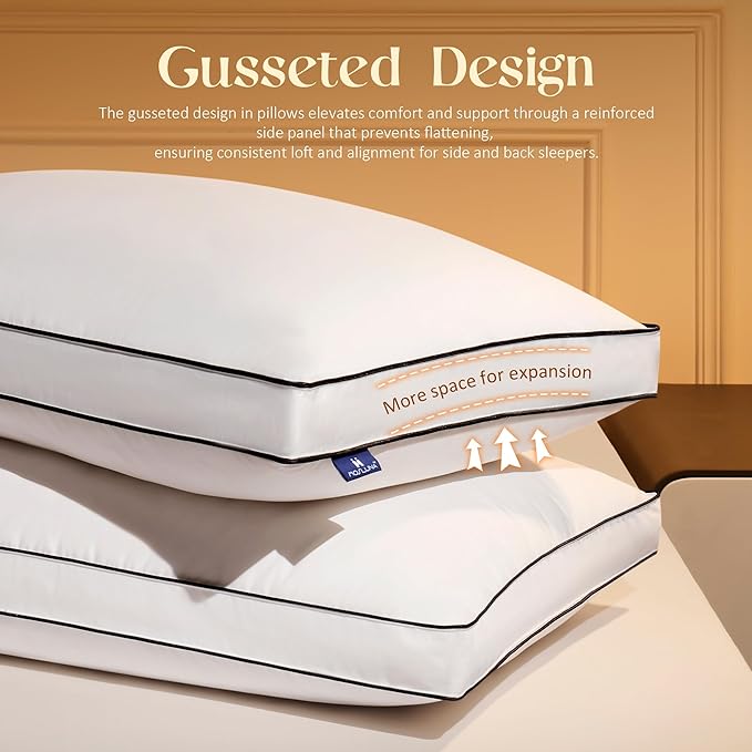 Feather Down Pillows Queen Size Set of 2 with Gusset, Luxury Hotel Collection Bed Pillow 2 Pack, Down Surrounded Gusseted Pillows for Sleeping, Soft Fluffy for Side, Back Sleepers 20x28+2 in.