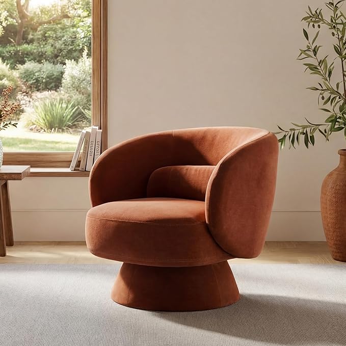 Swivel Accent Chair, Modern 360 Degree Swivel Barrel Chair with Arms & Curved Back and Lumbar Support Cushion, Comfy Round Single Sofa for Small Space, Living Room, Bedroom, Dark Rust Rayon