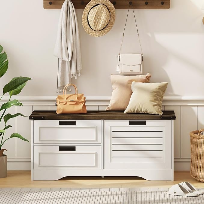FATORRI Shoe Storage Bench, Entryway Bench with Flip Drawer, Wooden Entry Way Shoe Cabinet for Living Room Hallway (Walnut Brown+White Oak)
