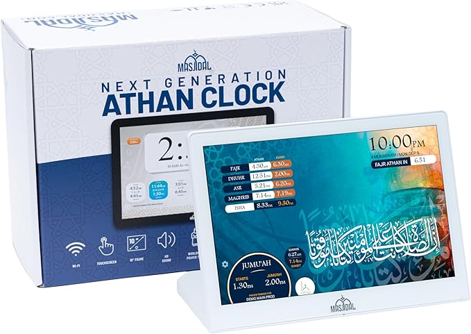 Masjidal 10" Digital Azan Clock with WiFi, Dynamic Touch Screen, Worldwide Prayer Times, Full Quran Player, Islamic Art, Streaming Halal Muslim Content: Duas, Dhikr, Surah of The Day, White (L-Shaped)