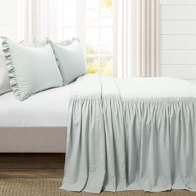 Lush Decor Ruffle Skirt Bedspread Set - 3-Piece Luxurious Farmhouse Bedding - Elegant Ruffle Detail - Timeless Style - Soft Lightweight Sheets - Queen, Sea Salt