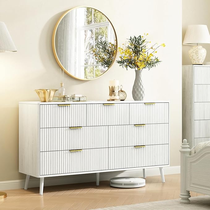 CARPETNAL Fluted 7 Drawer Dresser for Bedroom, 55" Wide Wooden Chest of Drawers with Rounded Corners, Gold Handles, Modern Storage Organizer for Bedroom, Hallway(White)