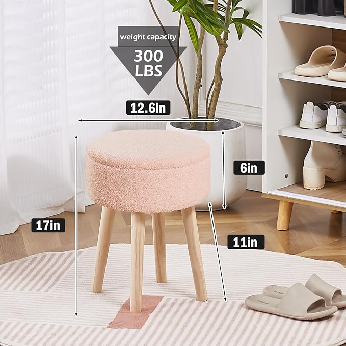 Mxfurhawa Storage Ottoman Foot Stool Teddy Velvet Round Vanity Stool Tray Top Footstool with Wood Legs Upholstered Foot Rest Ottoman for Living Room, Bathroom, Makeup (Pink)