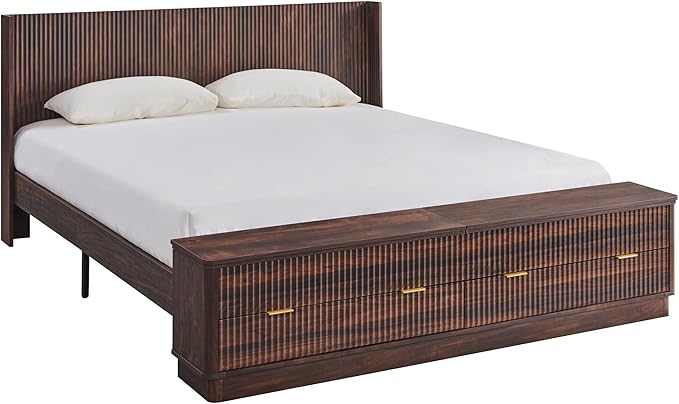 T4TREAM Fluted King Size Bed Frame with Wingback Headboard, Footboard Storage Bench with Built-in Drawers & Lift-Up Compartments, Wood & Steel Platform Bed, No Box Spring Needed, Dark Walnut