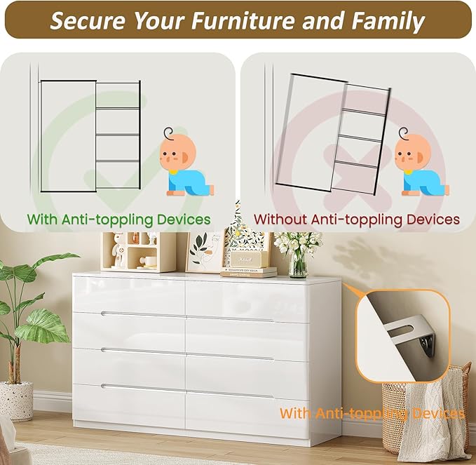 White Wood Dresser, 8 Drawer Dressers for Clothes Storage for Bedroom, Modern Dresser with Wide Drawers, Wide Wooden Chest Drawers for Living Room, Entryway, TV Stand