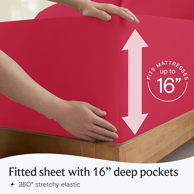 LuxClub 3 PC Twin XL Sheet Set, Deep Pockets Wrinkle Free Cooling Bed Sheets Hotel Bedding for Women, Men, Kids & Teens, Includes 1 Fitted Sheet, 1 Flat Sheet and 1 Pillowcase-Silky Soft Red