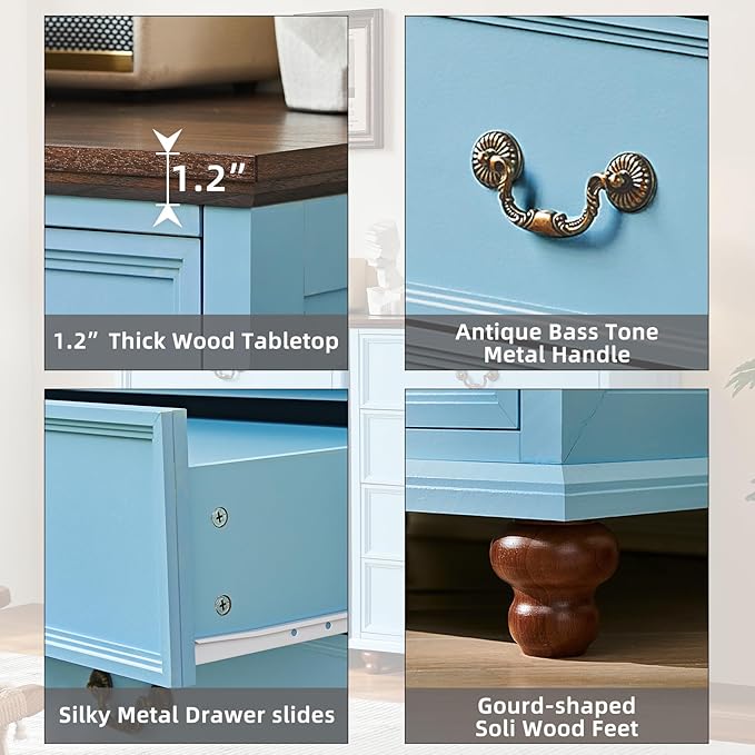 24" Wide Farmhouse Nightstand Set of 2, 45" Tall Rustic Chests of 5 Drawers w/ 4 Solid Wood Feet, Farmhouse Furniture Series for Living Room,Bedroom,LightBlue