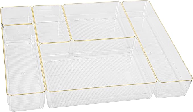 Martha Stewart Kerry Plastic Stackable Office Desk Drawer Organizers, Set of 6, with Gold Trim
