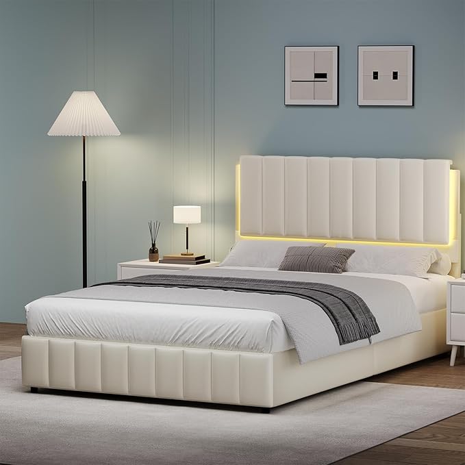 Queen Bed Frame with Headboard and LED Lights, Modern Upholstered Faux Leather Platform Bed with Wooden Slats Support, No Box Spring Needed, Easy Assembly, Cream