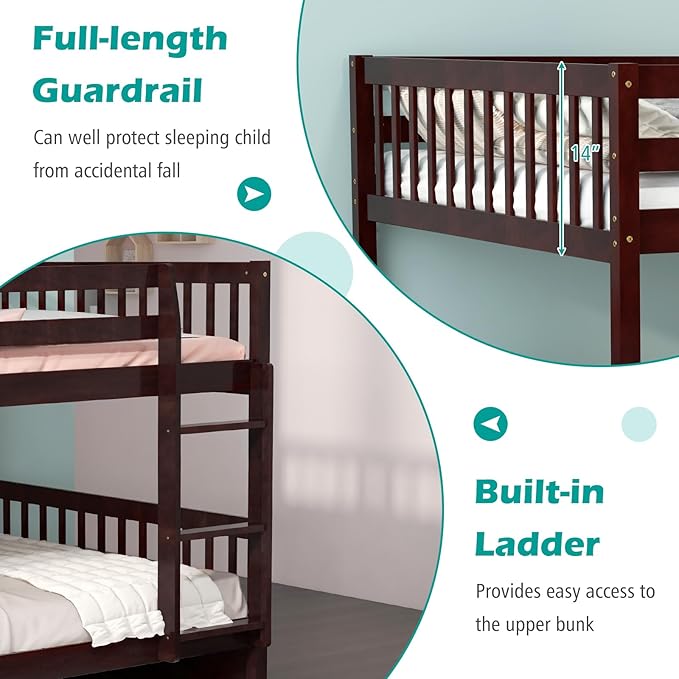 Giantex Full Over Full Bunk Bed with Trundle, Solid Wood Trundle Bed Frame w/Guardrails and Ladder, Convertible to 2 Beds, Full Size Bunk Beds for Adults Kids Teens, No Box Spring Needed,Espresso
