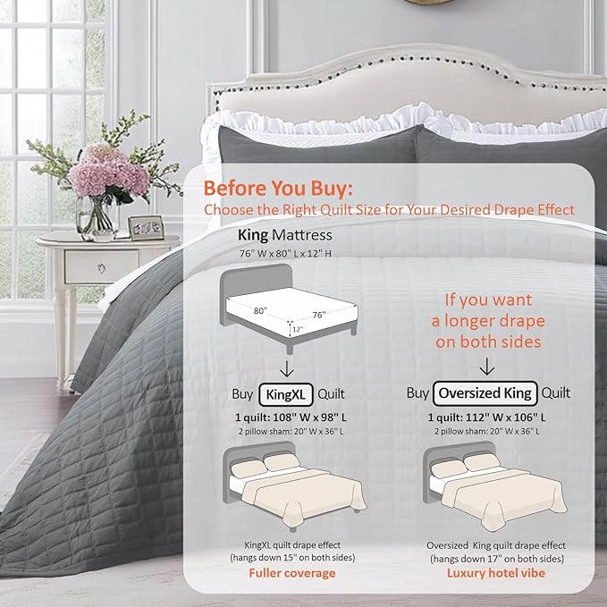 KASENTEX King XL Quilt Set 108"x98" – Soft Washed 3-Layer Lightweight Bedspread, Minimalist Nordic Design, All-Season Spring & Summer Quilt Set (1 Quilt + 2 Pillow Shams), Dark Grey