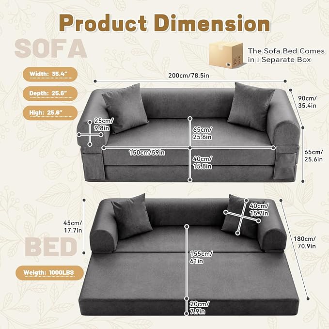 Convertible Folding Sofa Bed,78.5 Inch Faux Leather Futon Couch with Pillows & Storage Pocket,5-in-1 Queen Sleeper Sofa in a Box with Pull Out Bed,Boneless Couch for Living Room Bedroom,Gray