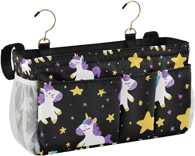 Bedside Caddy Hanging Bunk Bed Caddy Bed Organizer Hanging Pocket with 2 Hooks Bedside Storage Organizer Pocket Bag Holder Cute Unicorns Hearts Black
