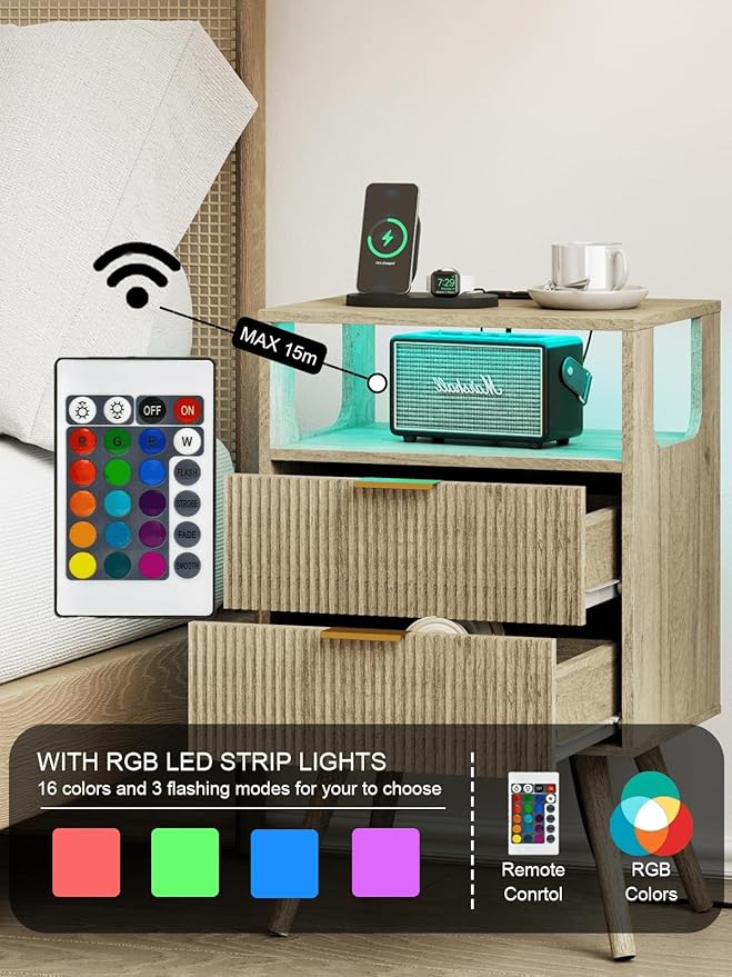 Nightstand with Charging Station and LED Lights, Modern Bedside Table with 2 Storage Drawer and Open Wood Shelf for Bedroom and Small Spaces, Night Stand with Solid Wood Legs