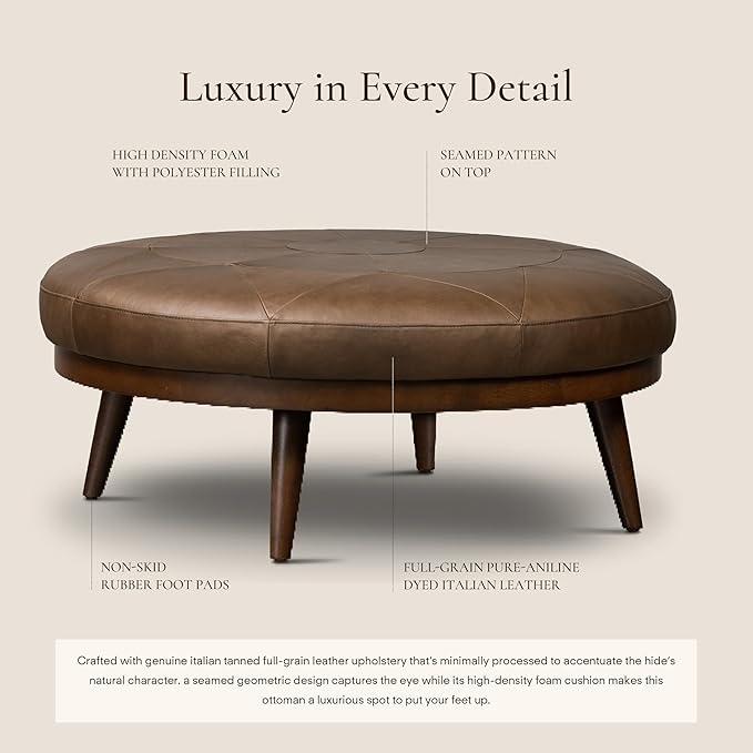 Poly & BARK Gio Ottoman – 30” Round with Feather-Down Topper – Full-Grain Leather Upholstery – Couch Ottoman for Living Room – Vintage Italian Leather in Cocoa Brown