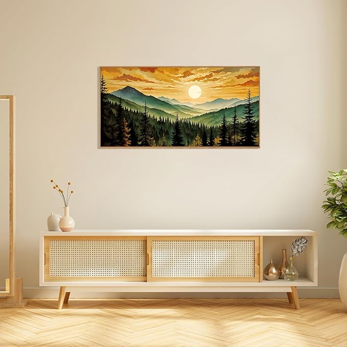 LHIUEM Large Boho Sunset Mountain Framed Canvas Wall Art,Retro Pine Tree Wall Decor,Nature Foggy Forest Wall Painting,Bohemian Landscape Artwork for Living Room,Bedroom,Dining Room,Office -20"x40"x1