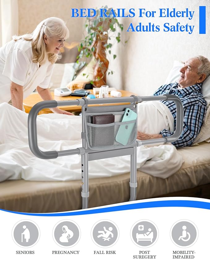 Bed Rails for Elderly Adults Safety, Extended Bed Assist Rail for Seniors with Motion Sensor Light - Adjustable Side Bed Guard Rails Handle Support Bar with Storage Bag, Fit King Queen Full Twin Beds