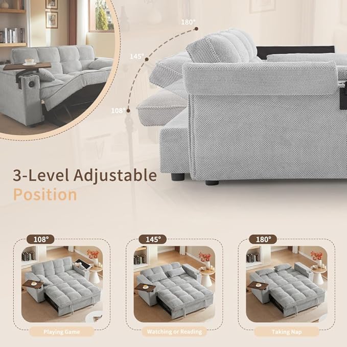 65'' Convertible Sleeper Sofa Bed with Adjustable Backrest, Chaise Lounge, Side Table & USB/Type-C Ports – Stylish & Functional Addition to Any Living Room (Fashion Light Grey)