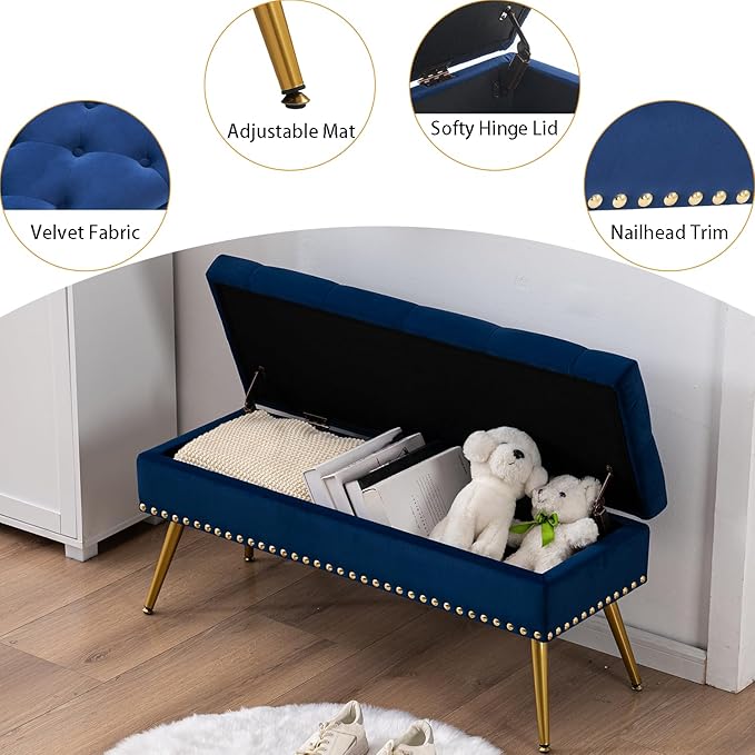 Velvet Storage Bench with Gold Legs& Nailhead Trim, 40" Wide Upholstered Modern Bedroom Bench for End of Bed, Tufted Ottoman for Entryway Living Room Dining Room (Navy Blue, 40" Wide)