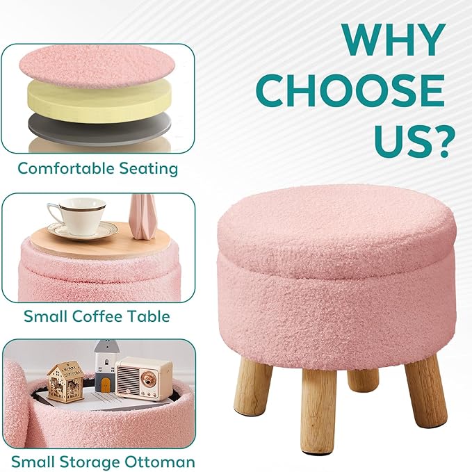 FIMIVIBI Small Foot Stool Ottoman with Storage, Sherpa Ottoman Foot Rest for Couch, Round Footstool with Storage, Small Ottomans and Footstools for Living Room and Entryway (Pink)