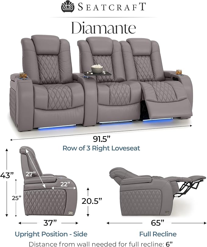 Seatcraft Diamante Zero-Gravity CoolZero Italian Leather Home Theater Seating, Power Headrest, Power Recline, Row of 3 Right Loveseat, Gray