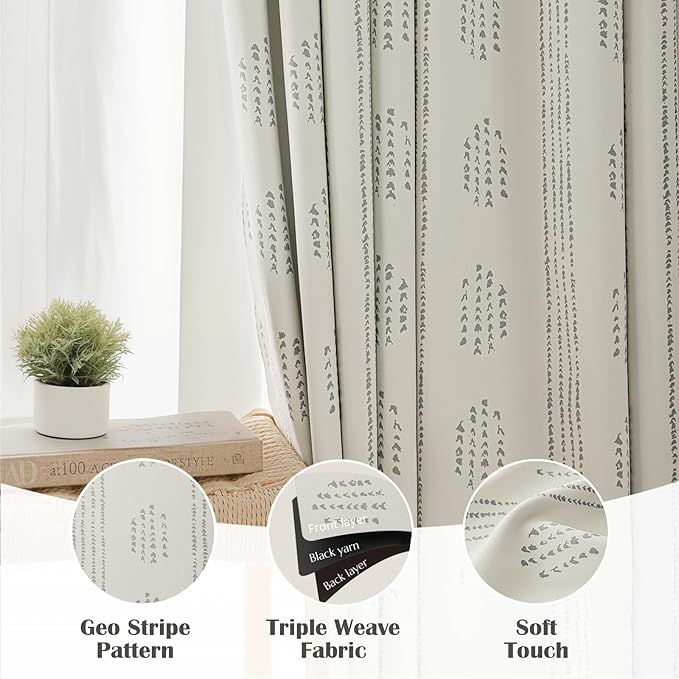 100% Boho Blackout Curtains 90 Inches Long for Bedroom, Grey on Beige Patterned Bohemian Curtains for Living Room, Geometric Striped Thermal Insulated Window Drapes Gromment Top 2 Panels