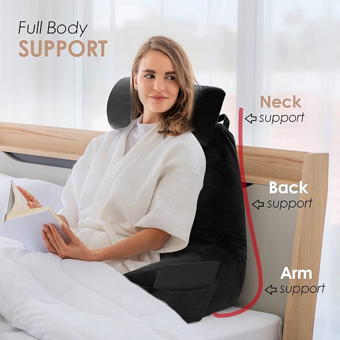 Nestl Reading Pillow with Shredded Memory Foam Includes 2 Neck and Lumber Support Pillows, Designed for Sitting Up in Bed and Couch, Back and Arms Adjustable Support for Adult & Teens, Black