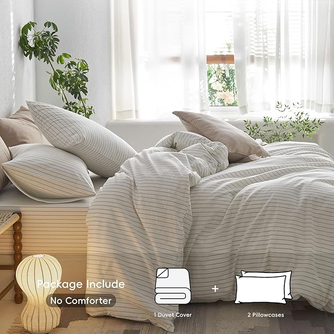 MooMee Striped Duvet Cover Set 100% Washed Cotton Linen Like Textured Breathable Durable Soft Comfy (White Sage Green Wide Stripes, Palatial King/Oversized King 120"x98")