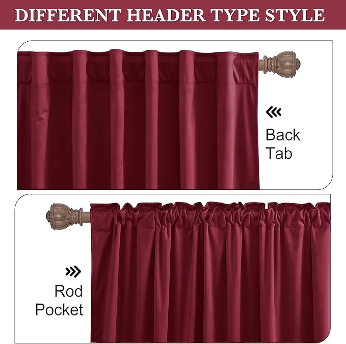 RYB HOME Burgundy Red Velvet Curtains for Christmas Decor, Soft Luxury Backdrops for Studio Theater, Back Tab Design for Bedroom Living Room, 52" W x L80 L, 2 Panels Set