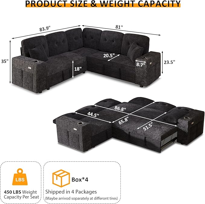 Modular Sectional Sleeper Sofa with Pull Out Bed, L Shaped 5 Seat Sectional Couches for Living Room, 84 Inch Sofa Bed with Adjustable Backrest | Hidden Storage | Wide Armrest | Navy Blue