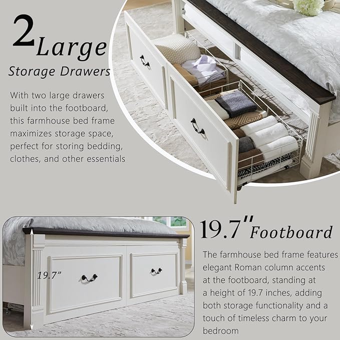 Farmhouse Queen Size Bed Frame with 51" Tall Headboard, Wood Platform Bed Frame with 20" Tall Roman Column Decoration Footboard & 2 Large Storage Drawers, No Box Spring Needed (White)