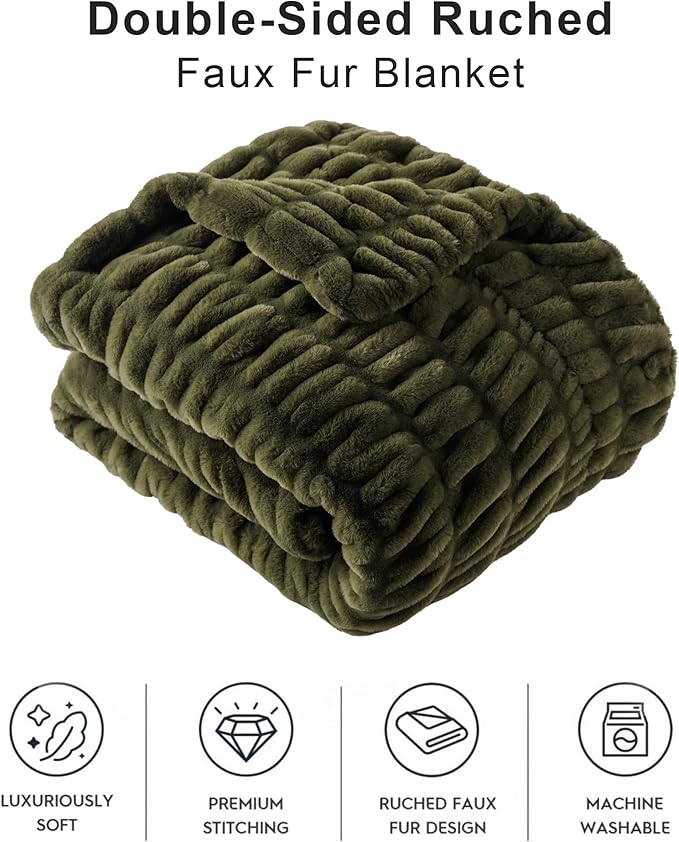 BATTILO HOME Olive Green Faux Fur Throw Blanket for Bed, Large Double Side Reversible Ruched Faux Rabbit Fur Throw for Couch, Bed, Super Soft Blanket Cozy Warm Mink Blanket, 60"x80"