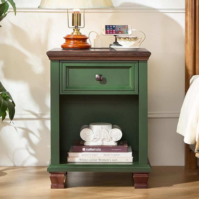 SAVOR LIFE Farmhouse End Tables Living Room with Drawer, Rustic Wood Nightstand with Charging Station, Bedside Table with Open Shelf for Bed Room, Living Room, Green