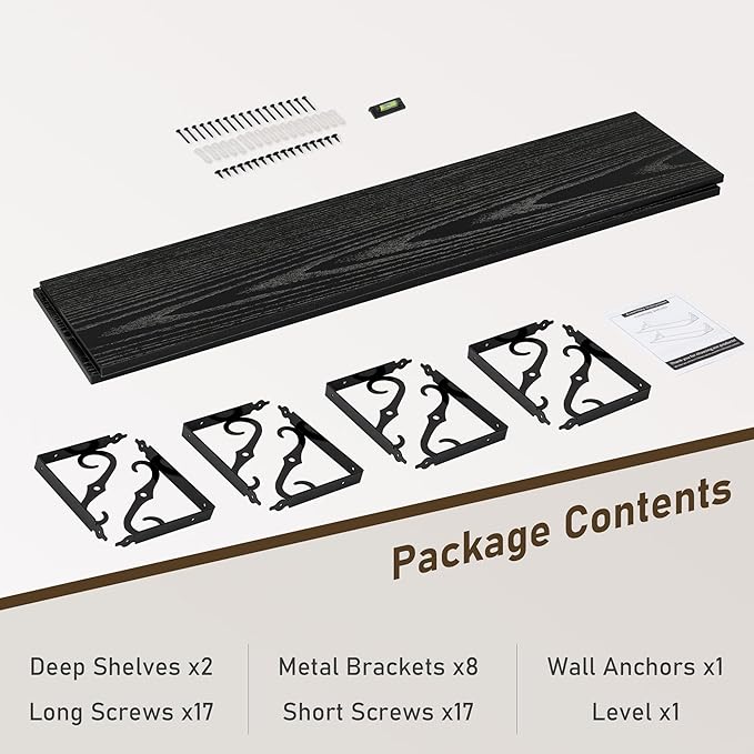 Dreamland Deep Floating Shelves, 55" W x 12" D Wall Shelves Set of 2, Wide Display Shelf Wall Mounted with Brackets, Bookshelf for Living Room, Bathroom, Bedroom, Black