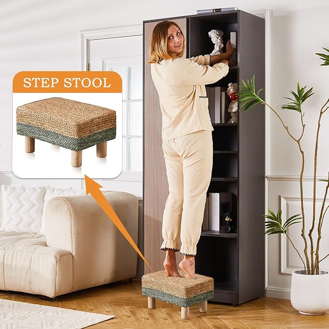 Wimarsbon Natural Seagrass Footstool Ottoman Rectangular Footrest Pouf Ottomans with Wooden Legs Hand Weave Step Stool for Living Room Bedroom Entryway Green