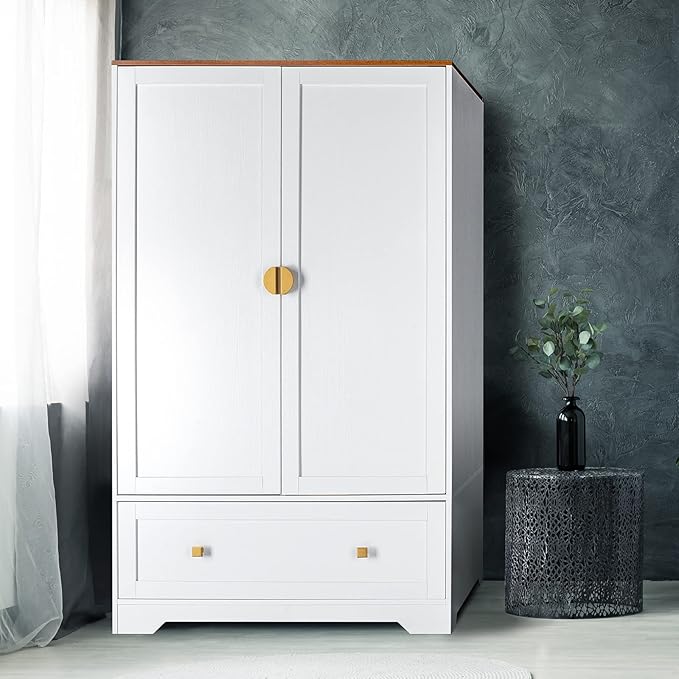VINGLI 38" Wide Wardrobe Closet, White Armoire Wardrobe with Hanging Rod, Shelves and Drawer, Freestanding Closet Armoire Cabinet,Armoires and Wardrobes with Doors for Bedroom,Dorm,21"D x 38"W x 65"H