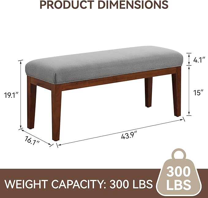 43.5'' Linen Bedroom Bench, Upholstered End of Bed Bench, Padded Vintage Dining Bench, Entryway Bench with Solid Wood Legs, Kitchen, Living Room, Hallway, Light Grey