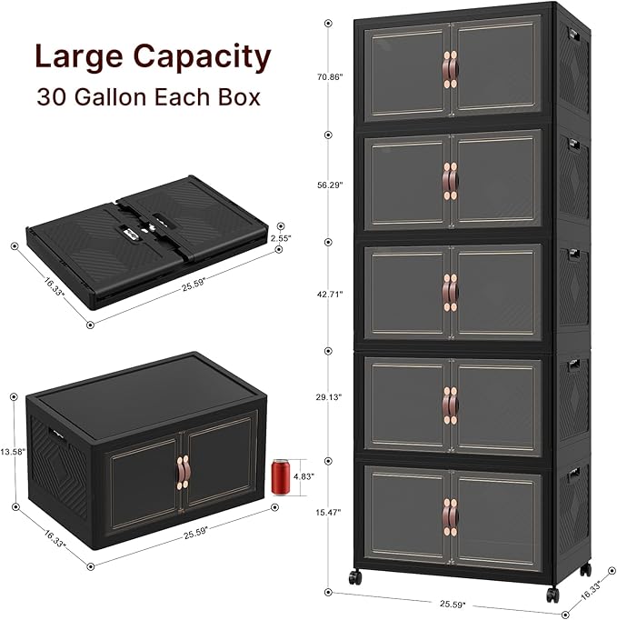 600Qt Stackable Storage Bins with Lids, 5 Pack Large Collapsible Bins with Wheels, Plastic Cabinet with Doors, Foldable Closet Organizers and Storage for Home, Dorm, Office, Black