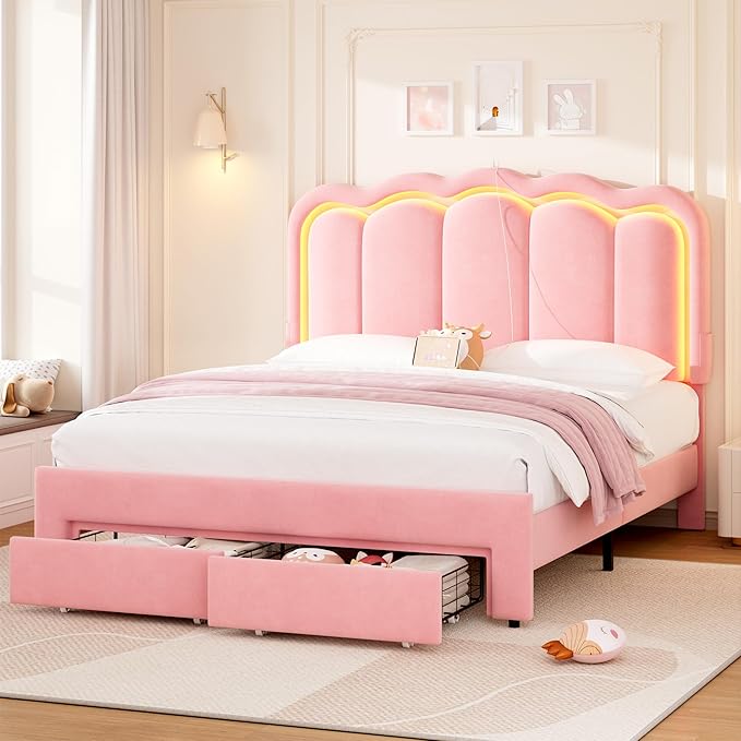 Velvet Upholstered Queen LED Bed Frame with 2 Storage Drawers and Adjustable Chic Double Wavy Headboard, Princess Platform Bed with Charing Station, Solid Wood Slats Support,No Box Spring Needed,Pink