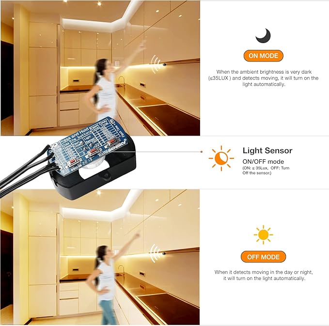Sensky 19.7ft/6m Motion Activated LED Strip Light Kit Flexible LED Strip Motion Sensor for Bedroom, Gun Safe, Under Cabinet, Under Bed, Pantry, Kitchen, Stairway, Closet(Warm White 3000-3500K)