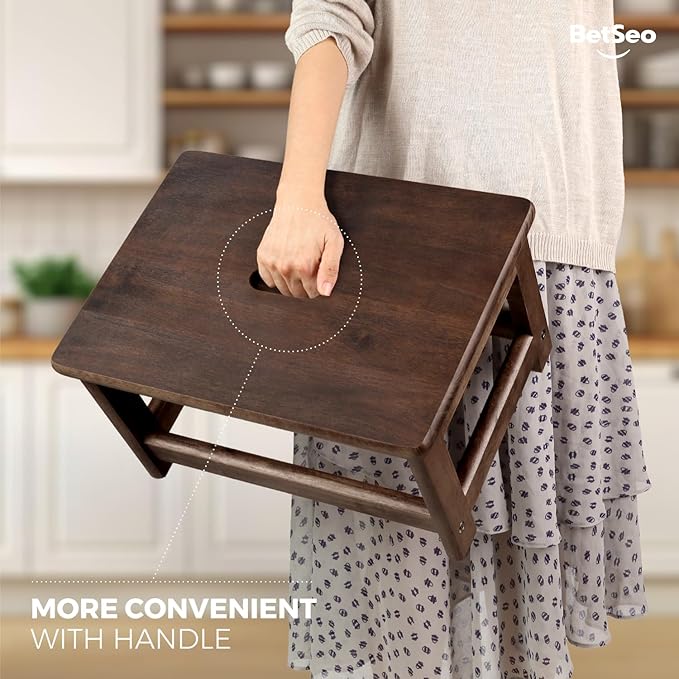 Wooden Step Stool (16.5" Dx12 Wx9 H) Bed Steps for High Beds for Adults - Natural Solid Wood One Step Stool, Heavy Duty- Holds up to 600Lbs- Perfect Safety (9in Height-Walnut)