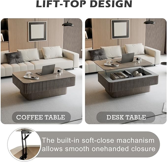 Lift Coffee Table with Storage & Adjustable Height, Rectangle Solid Wood Coffee Table Fluted Center Table Accent Tea Table or Living Room, Apartment, Office (38.6" Grey)