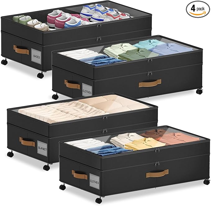 4 Pack Under Bed Storage with Wheels, Adjustable Height Storage Containers, 10 inches Large Capacity Rolling Underbed with Lids, Storage Drawers Shoes, Clothes, Blankets, Black